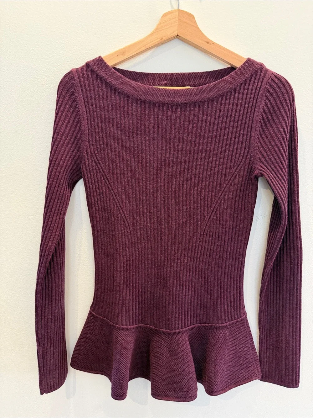 Tory Burch Ramona Peplum 100% Merino Wool Ribbed Sweater - Plum / Burgundy